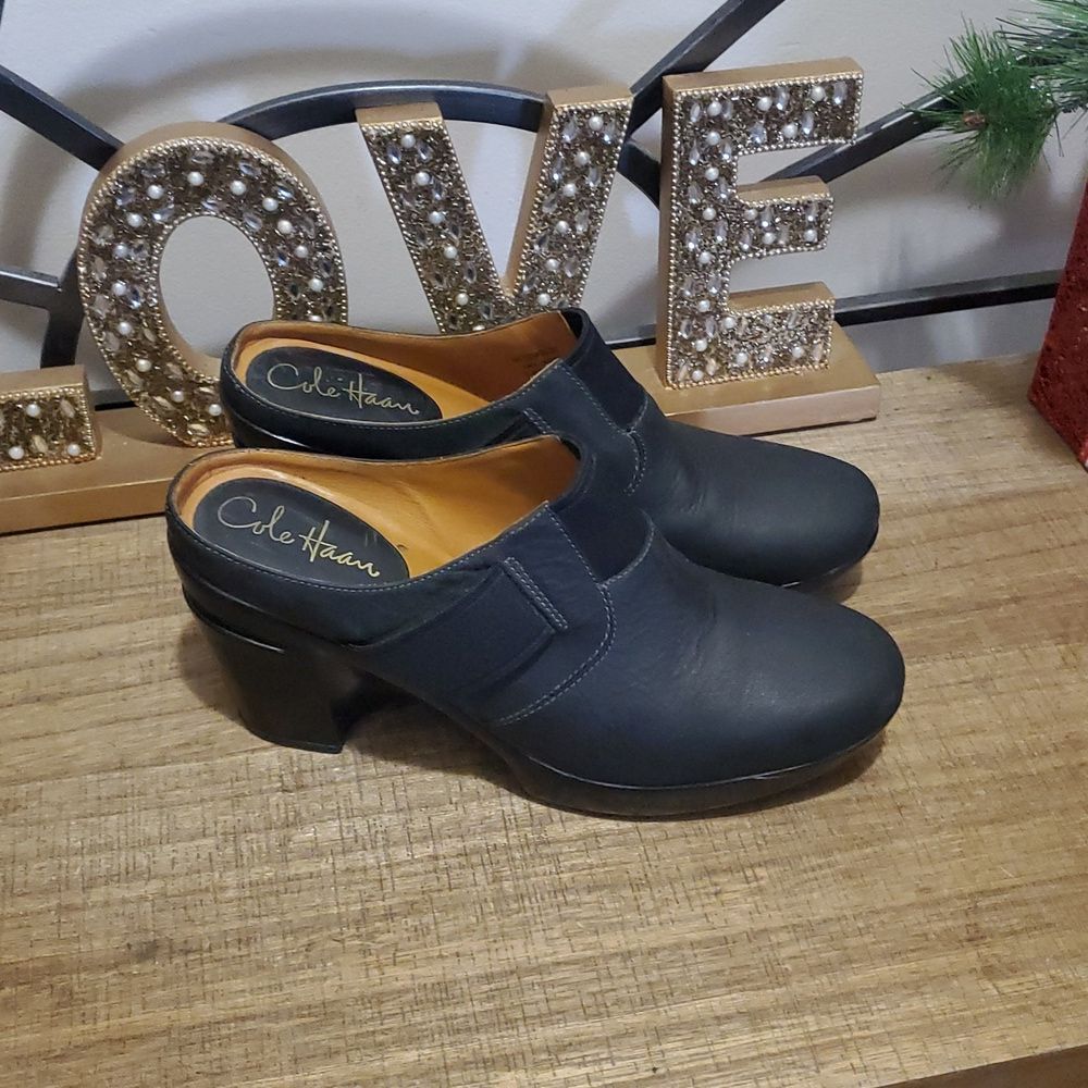 Cole Haan Nike Air Black Leather Mules Clogs Block Heel Round Toe Womens 9B